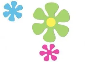 Three stylized flowers in blue, green and yellow, and pink.