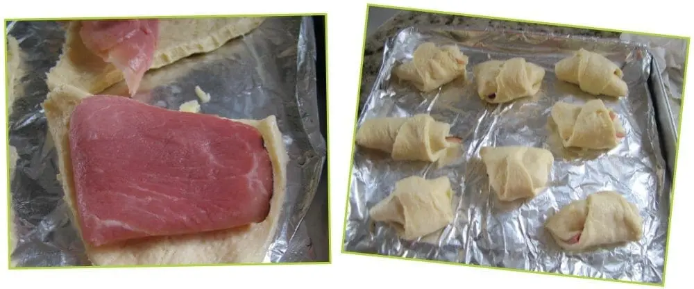 Ham and cheese croissants being prepared on a baking sheet.