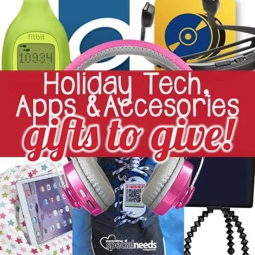 Collage of holiday tech gifts including a Fitbit, headphones, tablet, and other accessories.