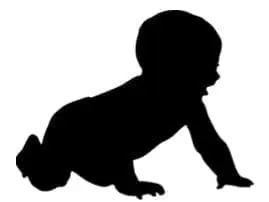Black silhouette of a baby crawling on a white background.