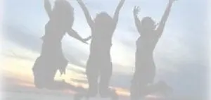Three figures with arms raised in the air.
