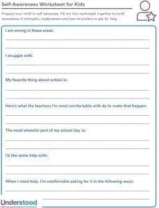 Self-Awareness Worksheet for Kids, a document with fillable lines asking about strengths, struggles, favorite school things, and help preferences.