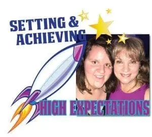 Two women smiling next to a rocket with stars and text that reads "Setting & Achieving High Expectations".