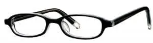 Black-rimmed eyeglasses with clear lenses.