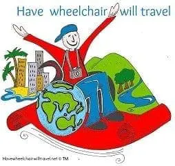 Smiling man in a wheelchair with arms outstretched rides on a red rocking base with a globe at his feet, city and landscape backgrounds.