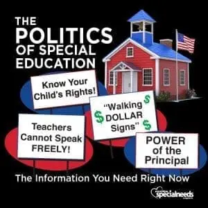 Signs with text "Know Your Child's Rights!", "Teachers Cannot Speak FREELY!", "Walking Dollar Signs", and "Power of the Principal" in front of a school building.