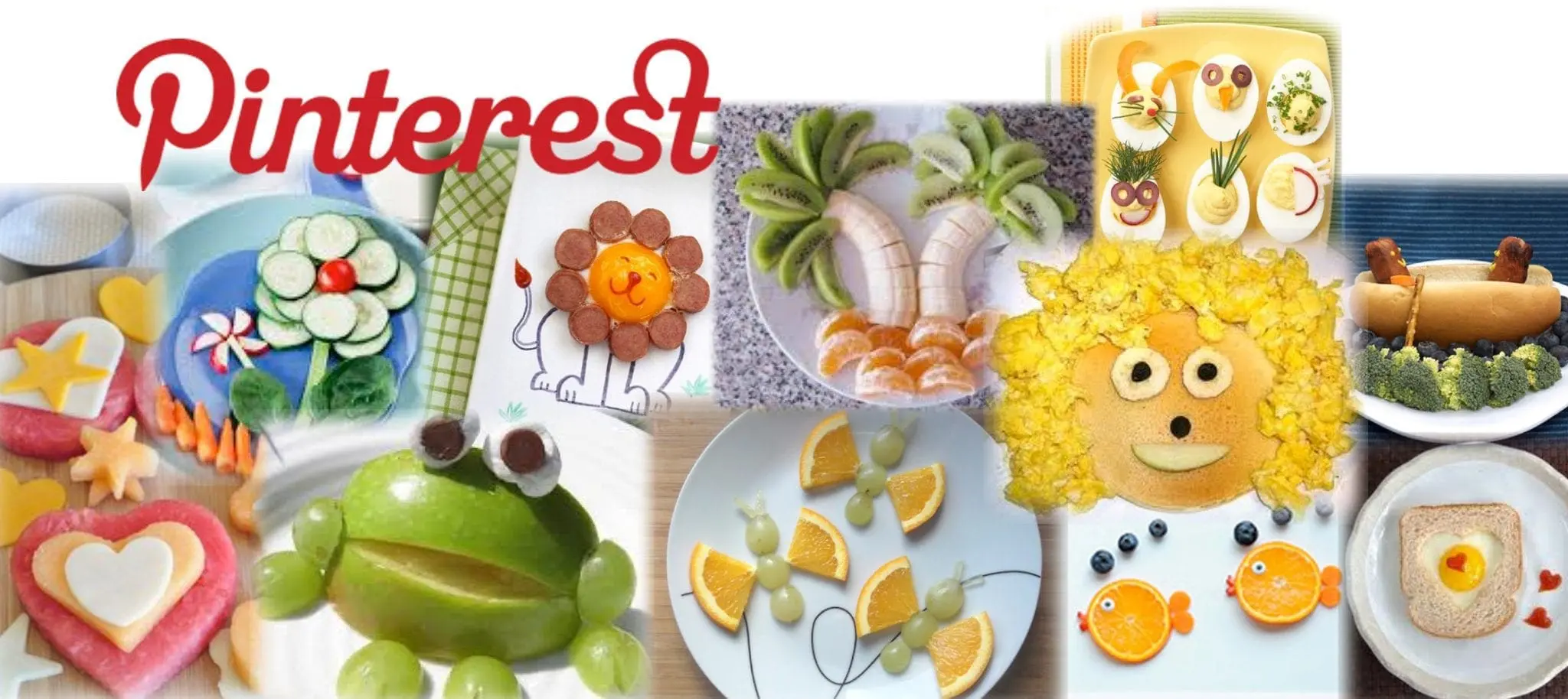 Collage of playful food art for children, including fruit animals and decorated desserts.