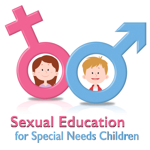 Sexual education for special needs children represented by gender symbols with children's faces.