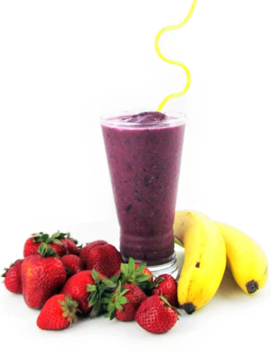 Glass of purple smoothie with strawberries and bananas.