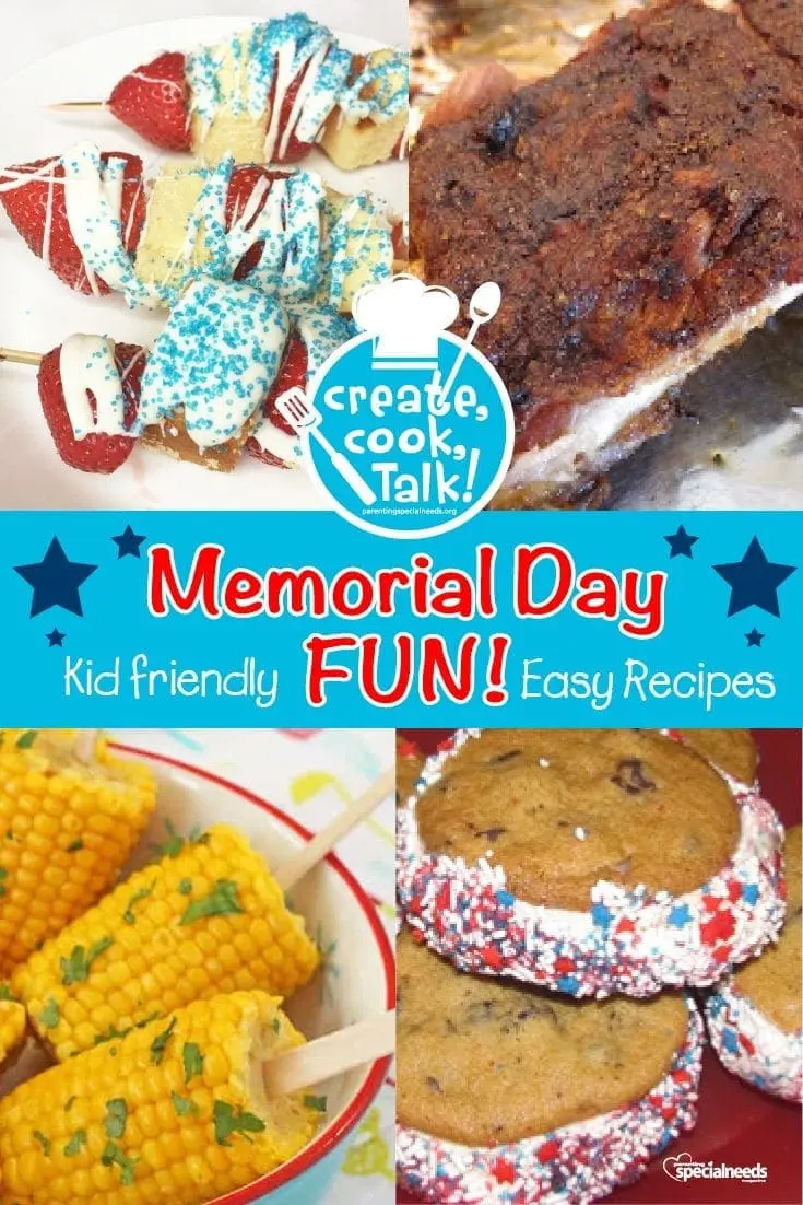 Four Memorial Day kid-friendly recipes: strawberry kabobs, ribs, corn on the cob, and ice cream sandwiches.