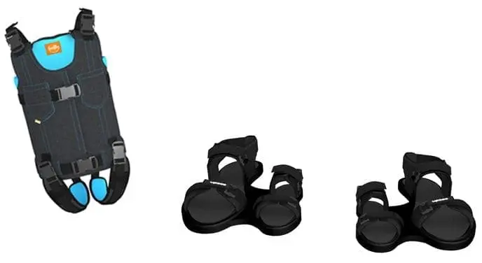 Upsee travel gear including a harness and two sets of child-sized sandals attached to adult-sized sandal bases.