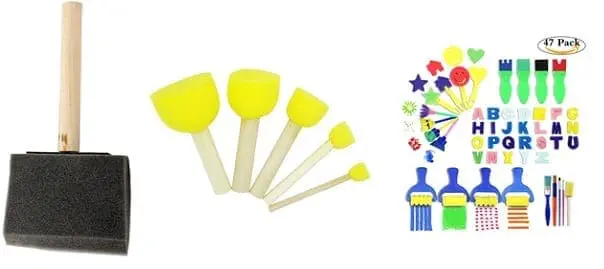 Foam brushes, sponges, and art tools for children's projects.