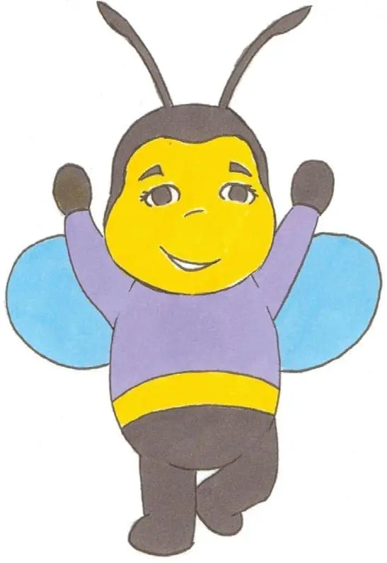 Cartoon bee with arms raised in excitement.