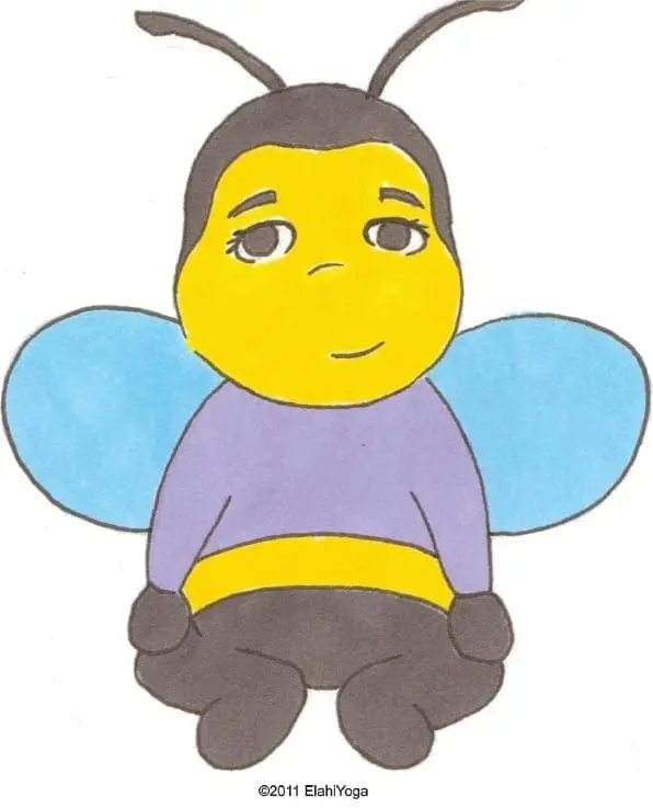 Cartoon bee wearing a purple shirt and blue wings