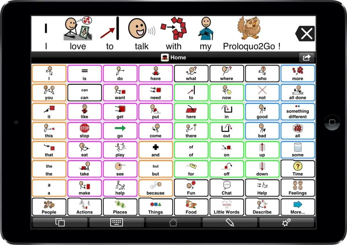 iPad displaying Proloquo2Go communication app with rows of picture-based vocabulary buttons.