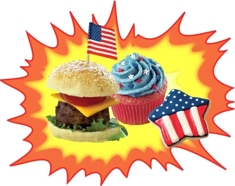 Hamburger, cupcake, and star-shaped cookie with American flag elements.