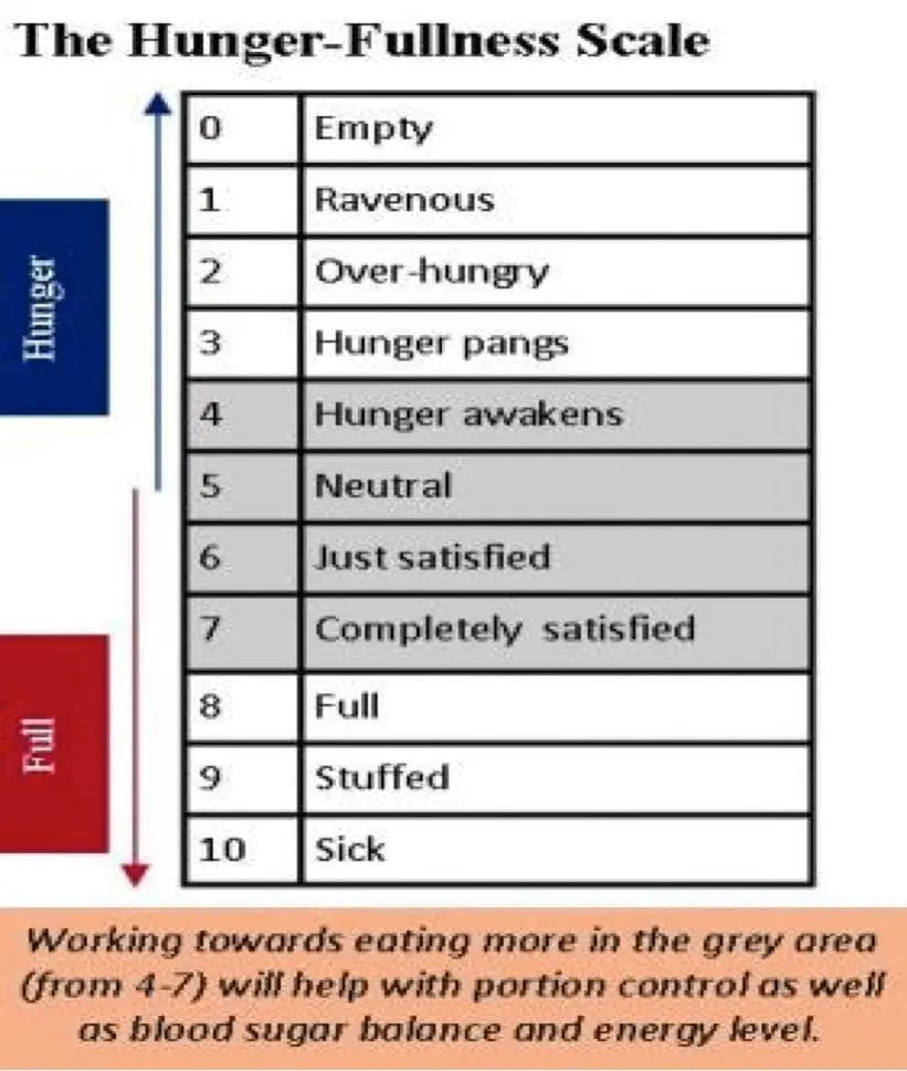 The Hunger-Fullness Scale, with numbers 0 (empty) to 10 (sick) indicating levels of hunger and fullness.