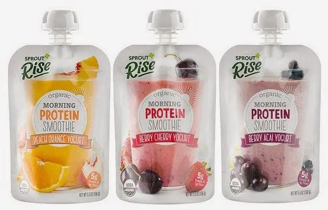 Three Sprout Rise Organic Morning Protein Smoothie pouches in different flavors.