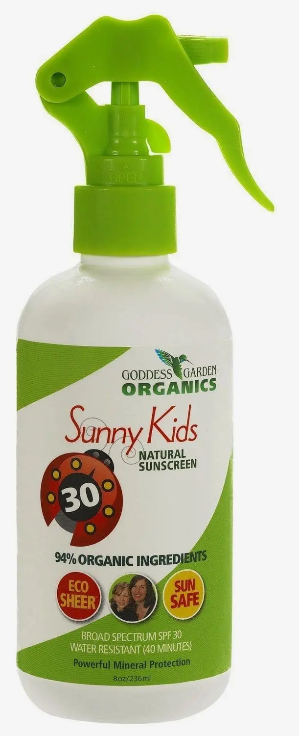 Goddess Garden Organics Sunny Kids Natural Sunscreen SPF 30 spray bottle.