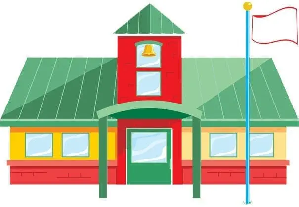 A colorful school building with a flagpole.
