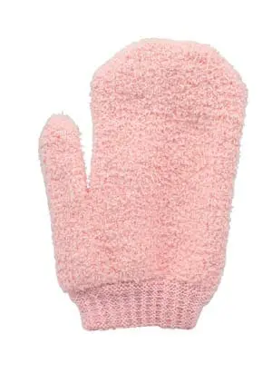 Pink terrycloth shower mitt with a ribbed cuff