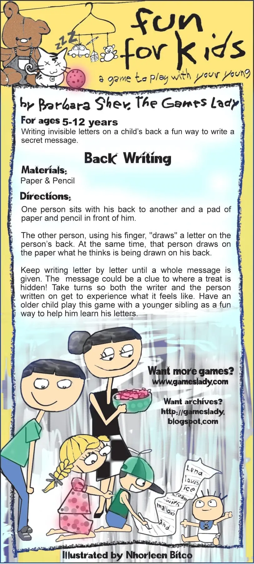 Instructions for a game called Back Writing.