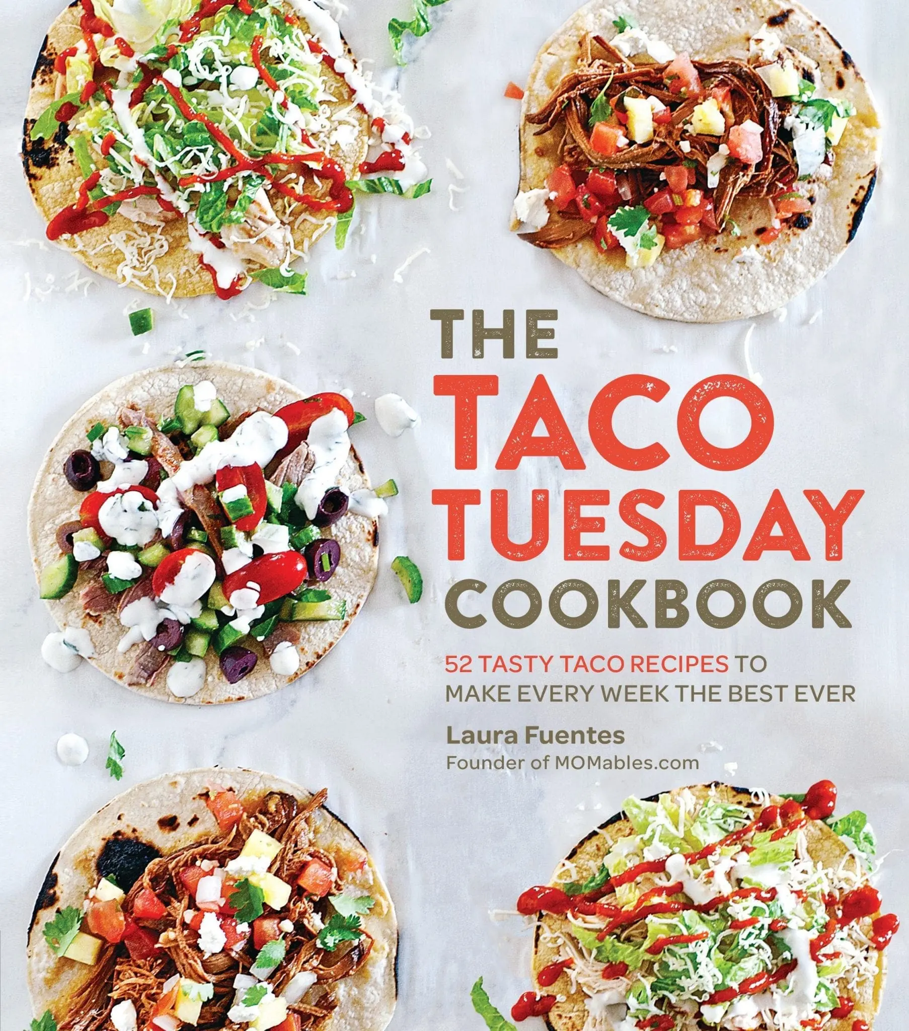 The Taco Tuesday Cookbook cover featuring four tacos and the book title.