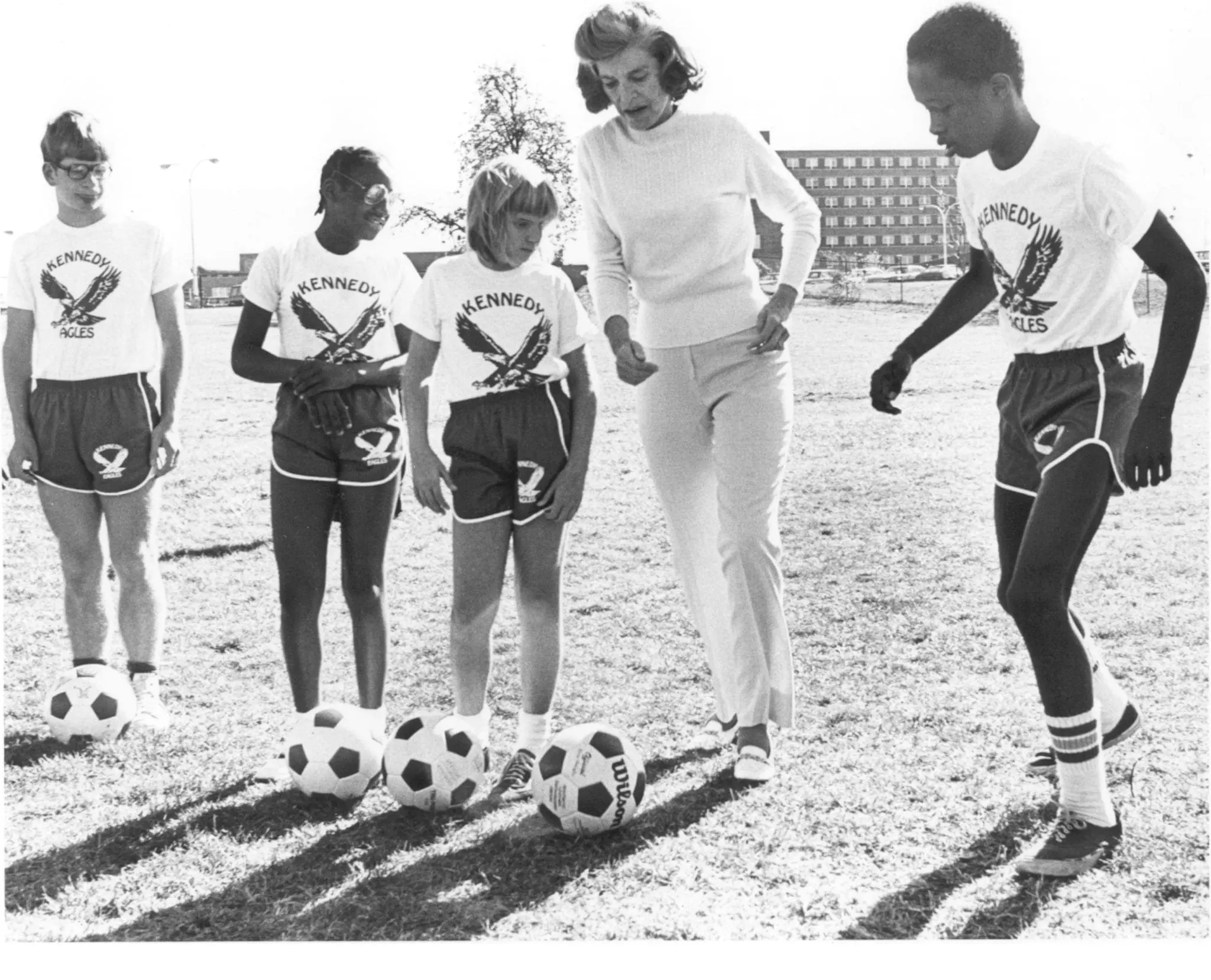Eunice Kennedy Shriver with youth soccer players.