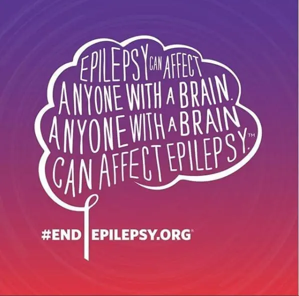 White text in a brain-shaped cloud reads "Epilepsy can affect anyone with a brain. Anyone with a brain can affect epilepsy.