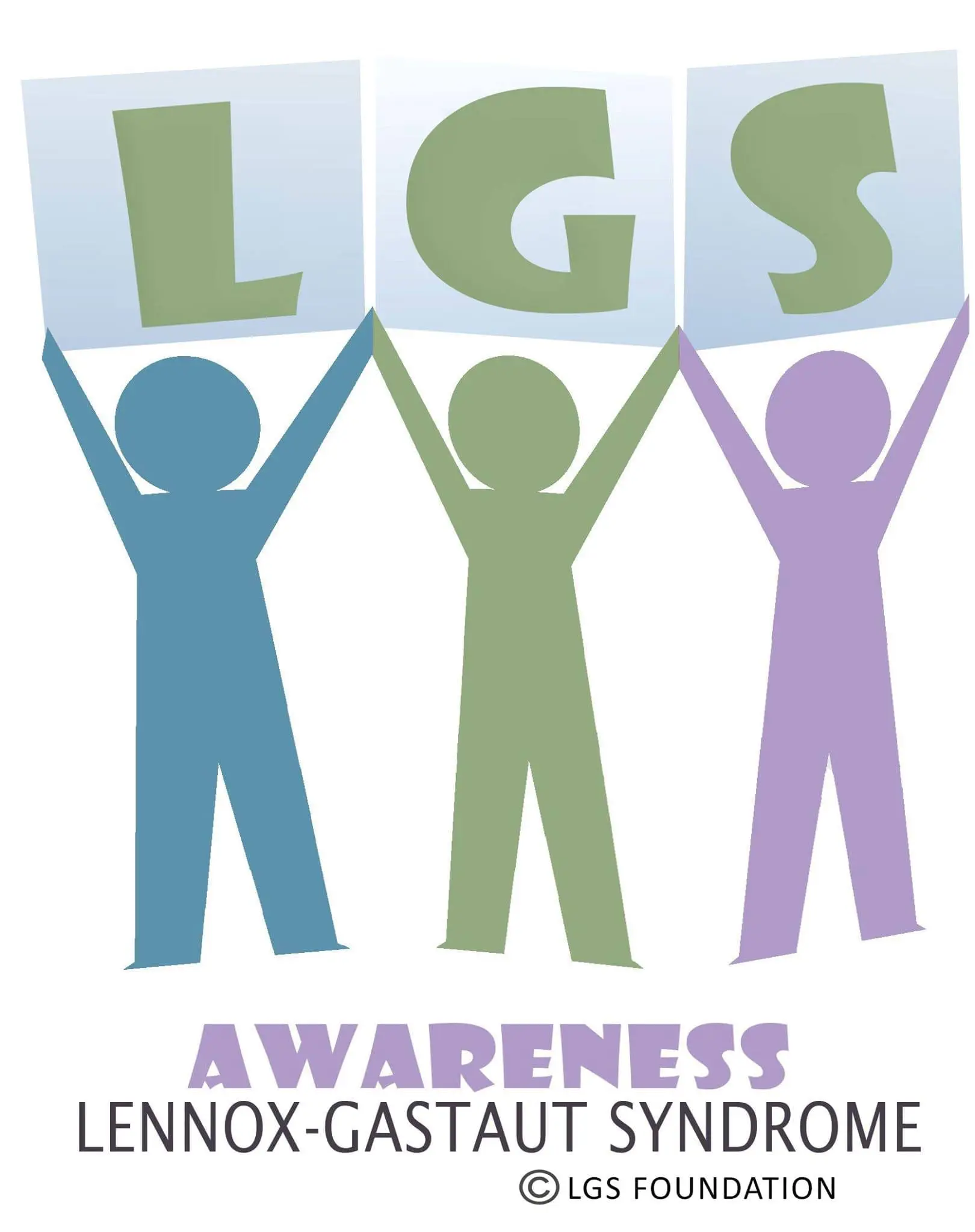 Three figures hold signs spelling LGS, with "Awareness Lennox-Gastaut Syndrome" text below.