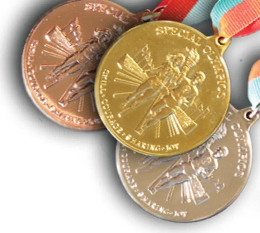Three Special Olympics medals: gold, silver, and bronze.