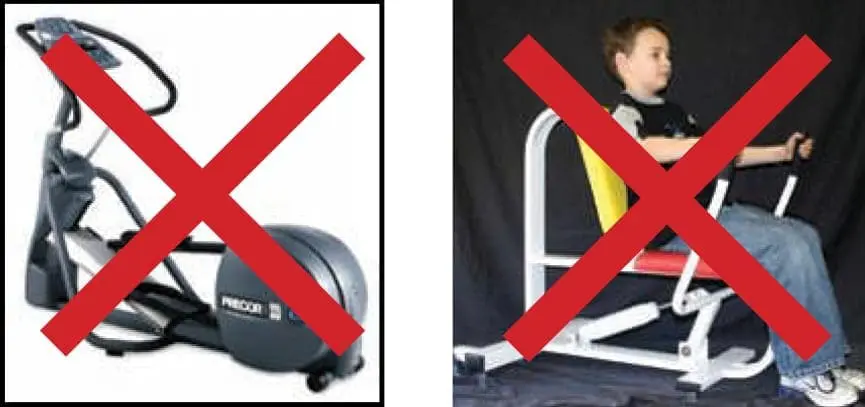 Elliptical machine and child on a weight machine with red X's over them.