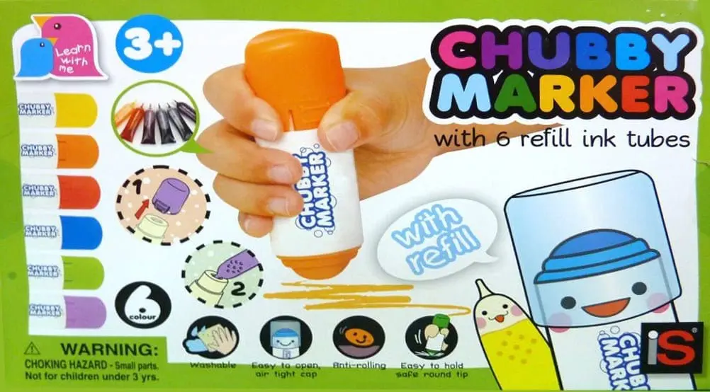 Chubby Marker packaging showing a hand holding an orange marker and illustrations of markers and refill ink tubes.