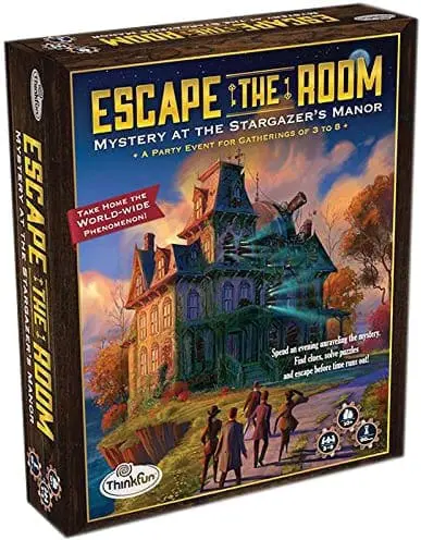 Escape the Room board game box with a spooky mansion illustration.
