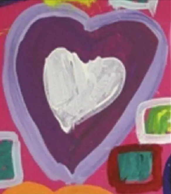 Painting of a purple heart with a white heart inside, against a pink background with colorful squares.