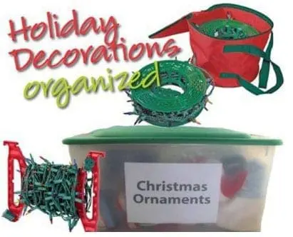 Holiday decorations organized in bins and containers.