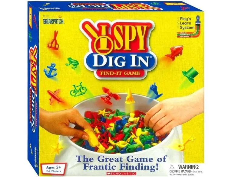 I SPY Dig In Find-It Game box with hands reaching into the game pieces.