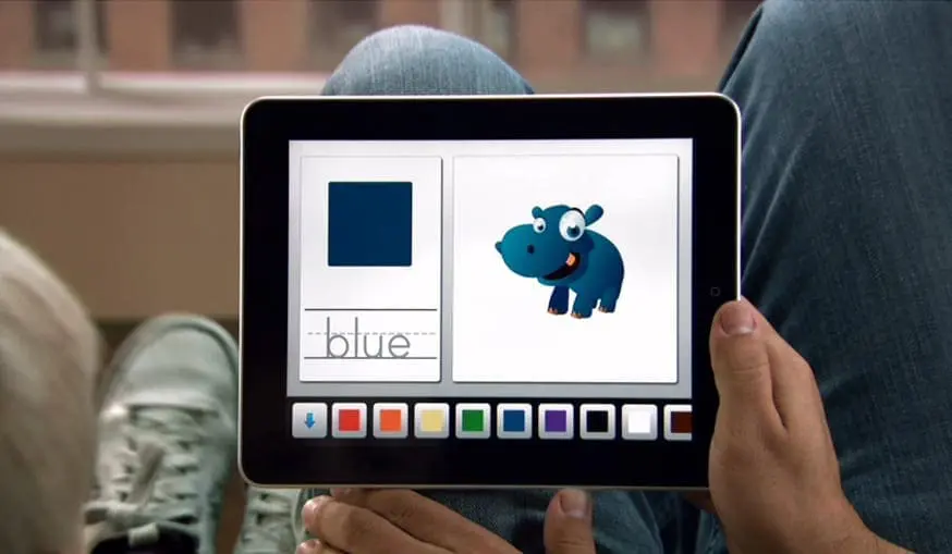 Tablet displaying a blue square and a cartoon blue hippo.