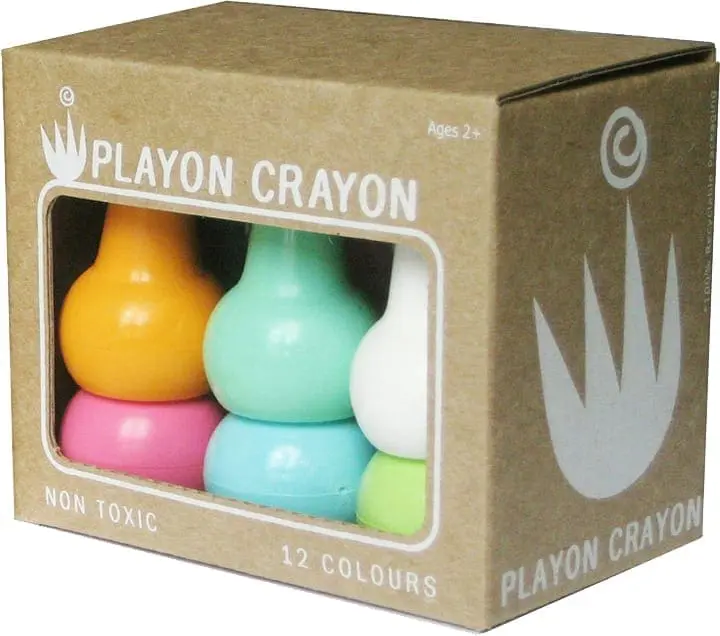 Box of twelve colorful, non-toxic Playon Crayons with rounded, easy-to-grip shapes.