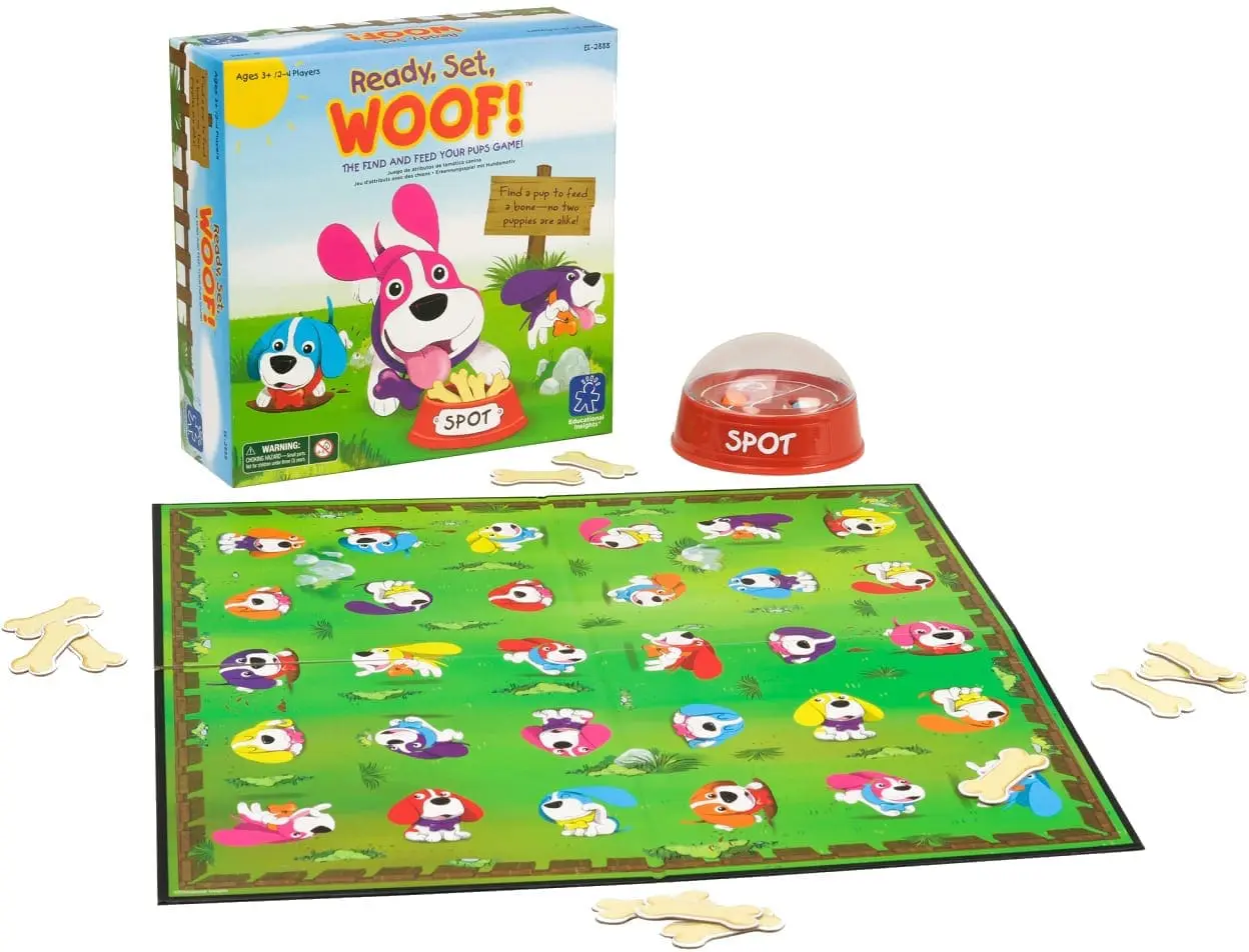 Ready Set WOOF! game box and game board with dog-themed pieces.