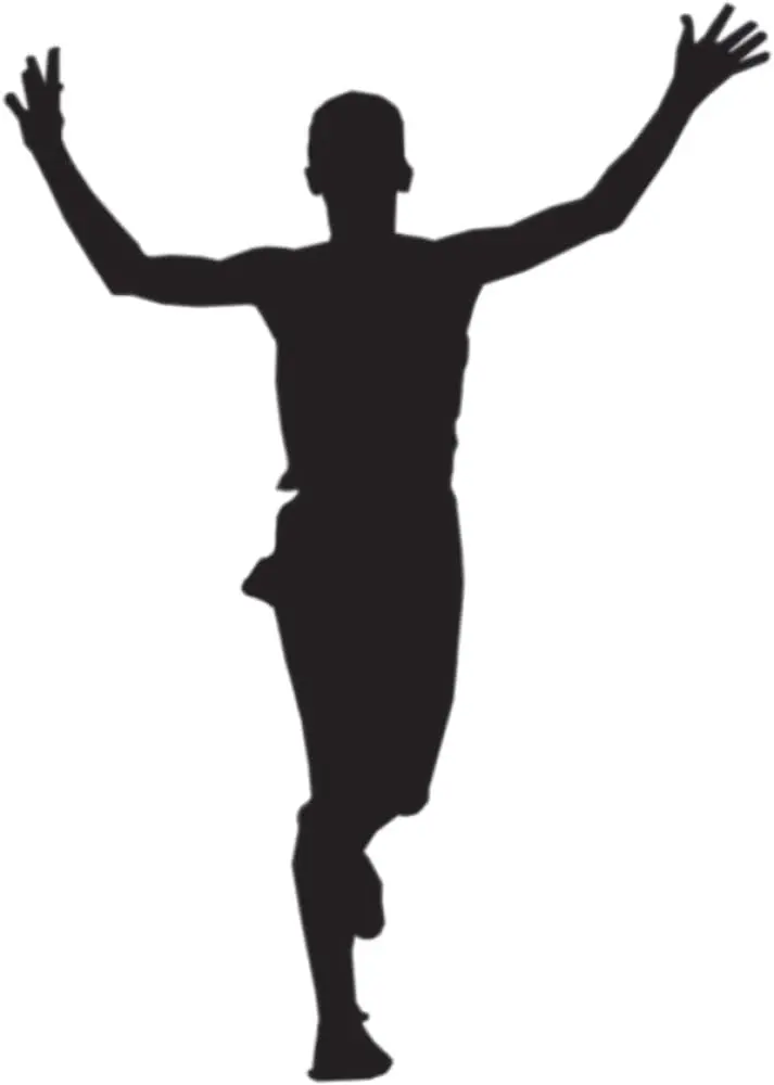 Silhouette of a runner with arms raised in victory.
