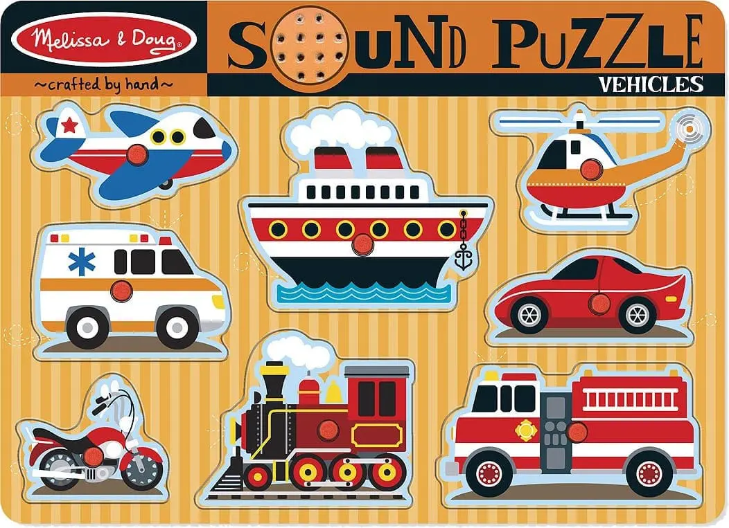 Melissa & Doug Sound Puzzle Vehicles including an airplane, helicopter, ambulance, car, ship, train, and motorcycle.