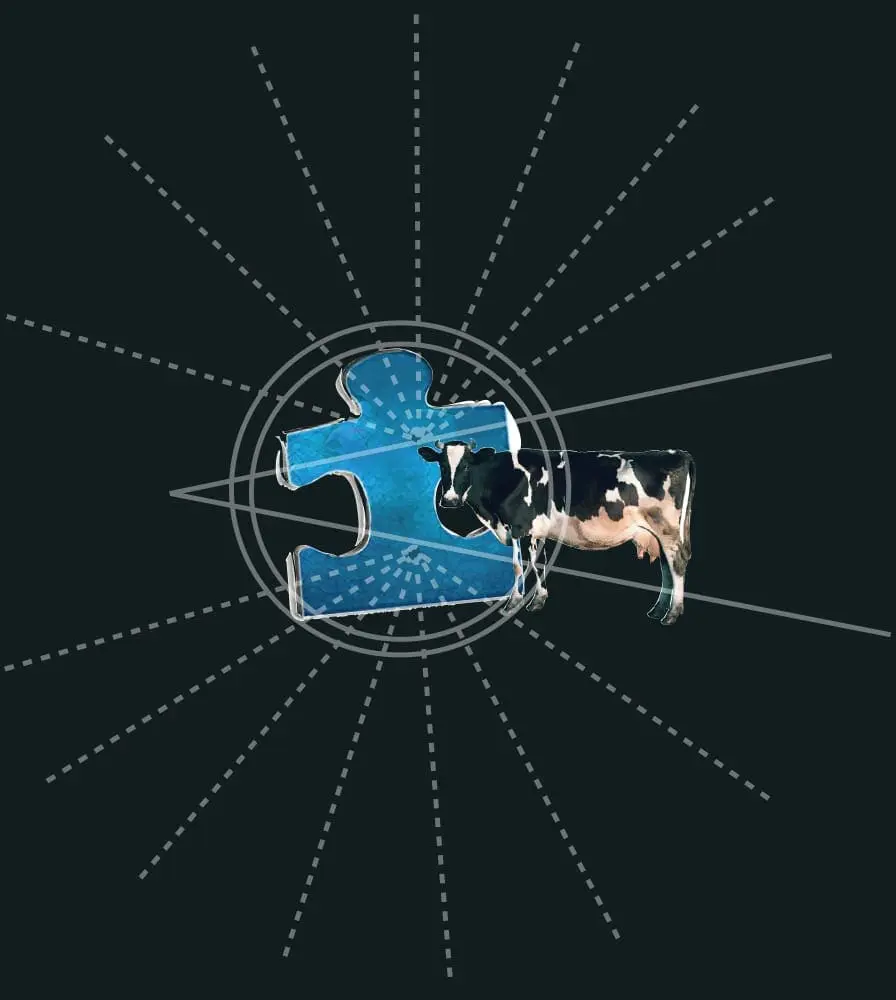 Blue puzzle piece next to a cow centered within a circular pattern of radiating dashed lines on a dark background.