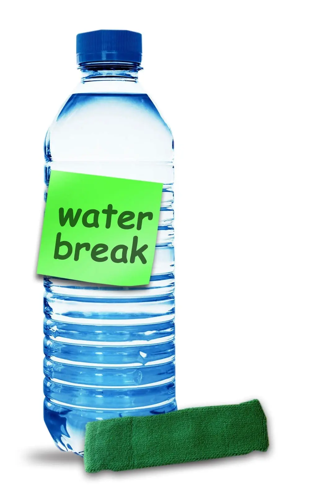 Plastic water bottle with a green sticky note that says "water break.