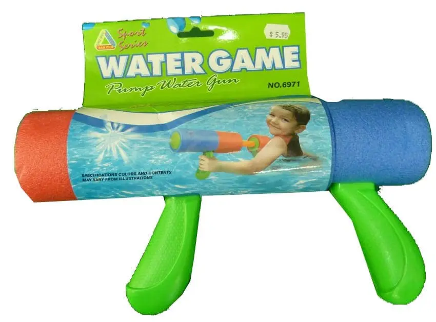 Watergun toy with a girl holding a water gun on the packaging.