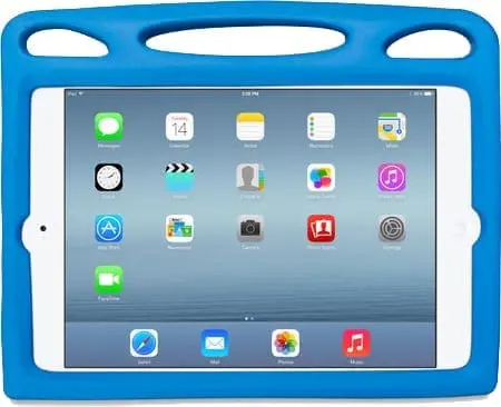 Tablet in a blue protective case with apps displayed on the screen.