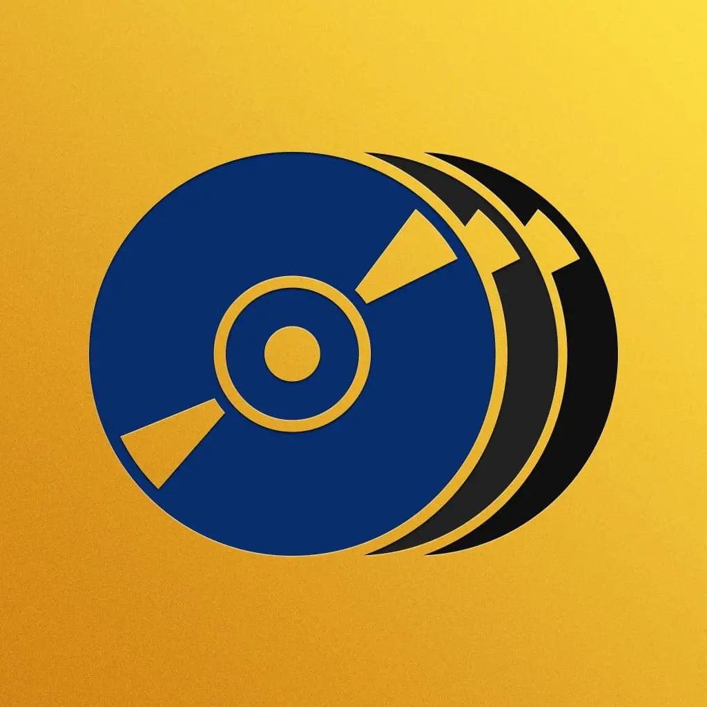 Three blue CDs stacked with yellow accents against a gold background.