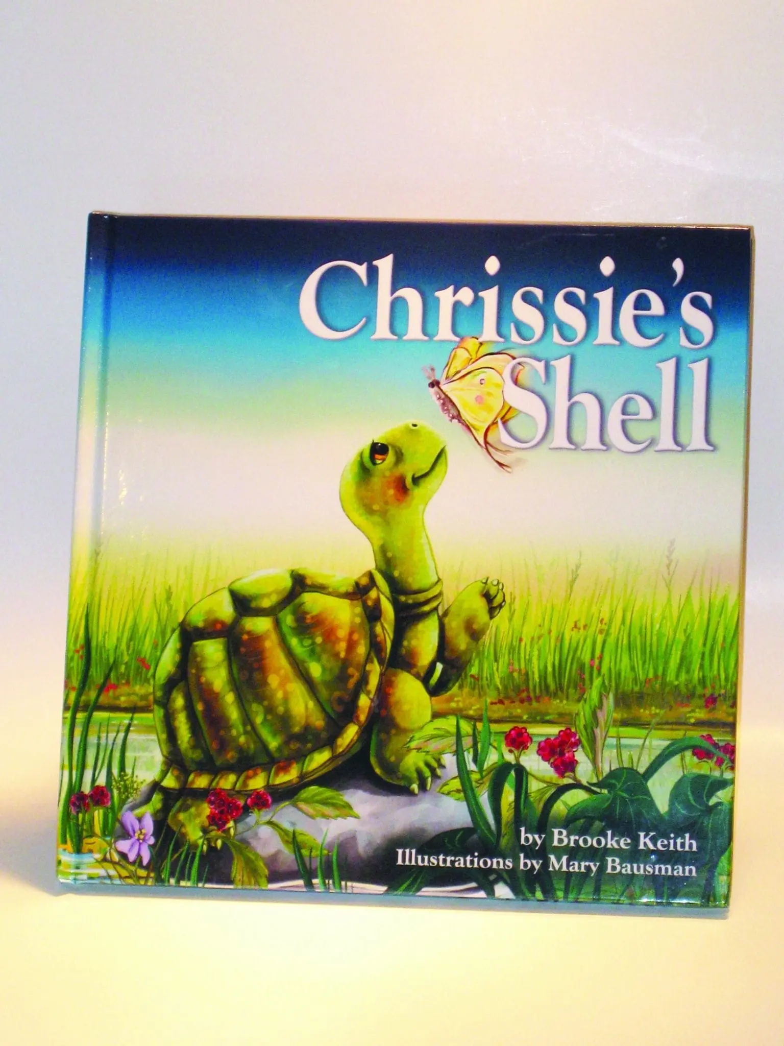 The book cover for "Chrissie's Shell" features a turtle looking up at a butterfly.