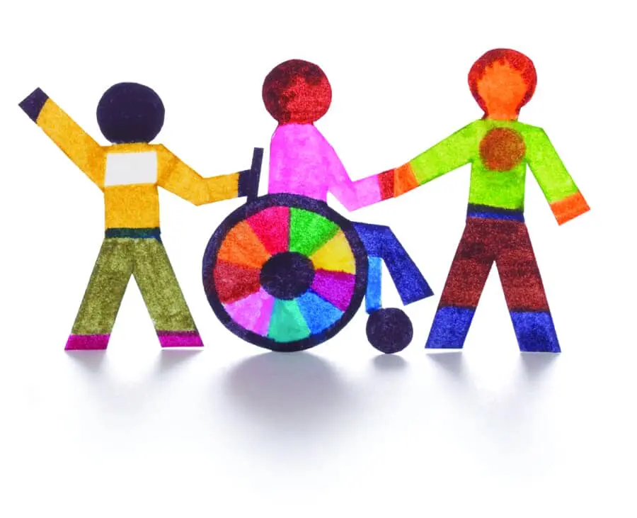 Three paper cutouts of people, one in a wheelchair, holding hands.