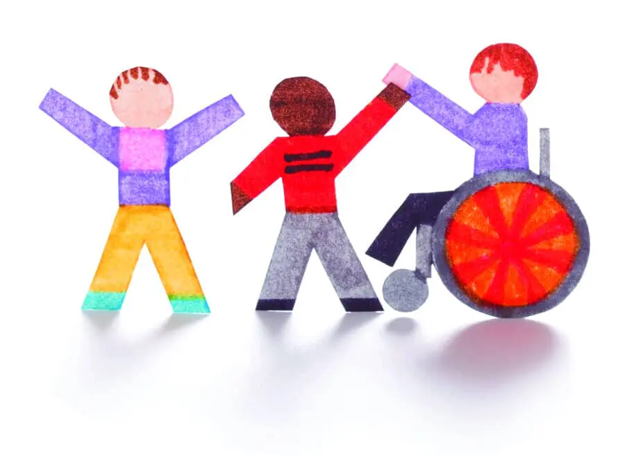 Three paper figures, one in a wheelchair, linked together.